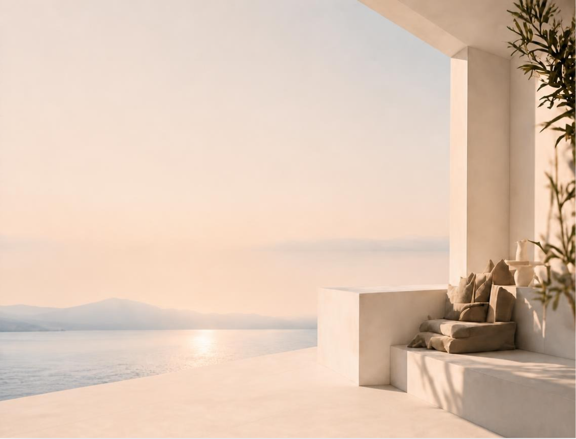 Terrasse lumineuse ouverte sur la mer et les montagnes